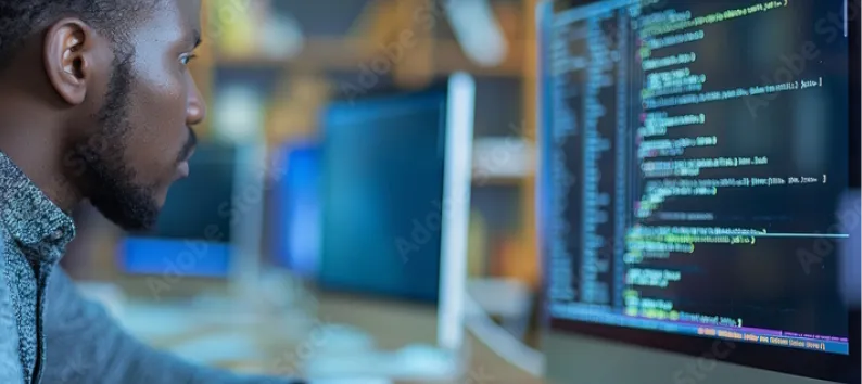 Man focused on coding displayed on a computer monitor.
